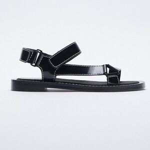 NWT. Zara Black Topstitching Flat Sandals